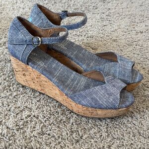 TOMS classic wedge sandals with a chambray denim upper and cork platform heel